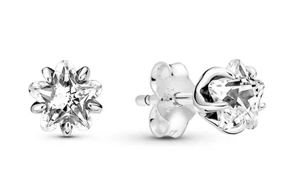 Two silver star-shaped stud earrings with clear gemstones, displayed on a white background.