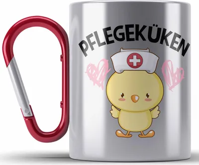 Produktbild von Trendation - Pflegeküken Edelstahl Tasse Karabiner Geschenk Krankenschwester Ärztin Lustige Karabiner Edelstahl Tasse Karabiner Edelstahl Geschenkidee Altenpflegerin Pflegerin (Rot)