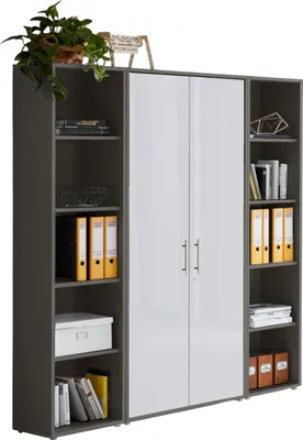 Produktbild von Aktenschrank TABOR 3 in anthrazit / weiß Hochglanz, Schrankwand, Büroschrank, abschließbar, Metallgriffe