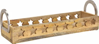 Image de Plateau à bougies en bois de manguier - env. 44 cm - avec anse en métal