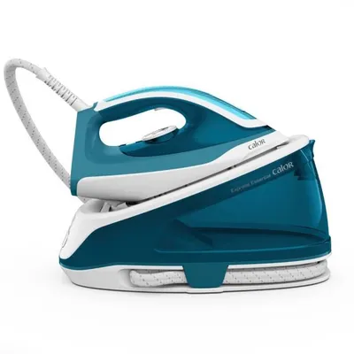 A teal and white steam ironing station with its cord neatly wrapped.