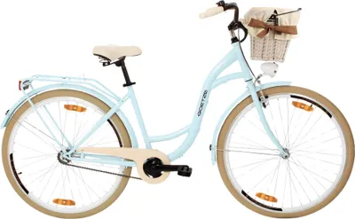 Produktbild von Goetze Style 28 Zoll City Bike, 46 cm Tiefeinsteiger, 1-Gang mit Rücktrittbremse hinten & V-Bremse vorne, LED-Beleuchtung, Rattankorb mit Bezug