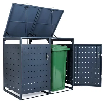 Produktbild von COSTWAY Mülltonnenbox 2er für 240 L, Gerätebox aus Metall für 2 Mülltonnen, Müllbox mit Klappdeckel, abschließbaren Türen&4 Schlüsseln, Outdoor, Grau