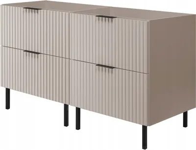 A beige cabinet with black legs against a white background.