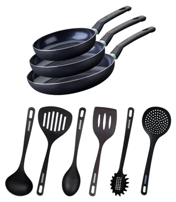 Image de Ensemble de 3 poêles de 20, 24 et 28 cm et 6 ustensiles Fackelmann Brandao