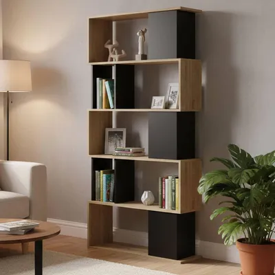 Produktbild von Bücherregal mit fünf asymmetrischen Regalen, Eiche und schwarze Farbe, Maße 80 x 175 x 29 cm