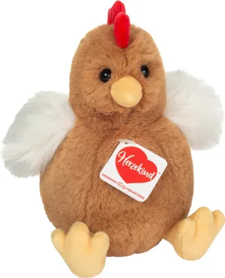 A plush toy chicken sitting on a white background.
