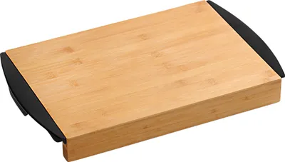 A bamboo cutting board with two black pull-out trays, shown from a slightly elevated angle against a white background.