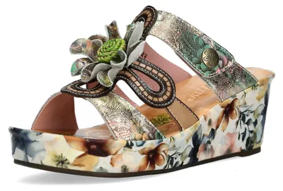 Produktbild von Laura Vita Damen Pantolette Plateau und Keilabsatz mit Blumenmuster Facdiao 03, Größe:37 EU, Farbe:Beige