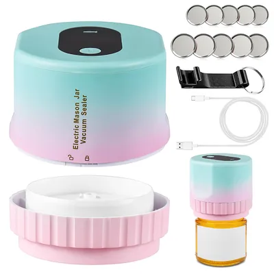 A collage of images showcasing a vacuum sealer for mason jars, along with its accessories and a demonstration of its use.