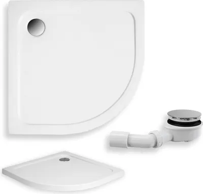 A white corner shower tray and a drain assembly are shown against a white background.
