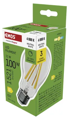 Productafbeelding van EMOS Dimbaar LED-lamp A60 met gloeidraadlook, 11 W, vervangt een 100W gloeilamp, vintage stijl met E27-fitting, helderheid 1521 lm, neutrale witte kleur 4000 K, ZF5D64D