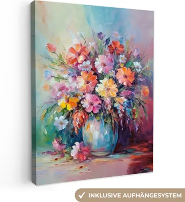 Produktbild von MuchoWow® - Leinwandbilder - Blumen - Kunst - Malerei - Frühling - Blumenstrauß, Wandbild, Wanddeko Bilder Wohnzimmer, 30x40 cm