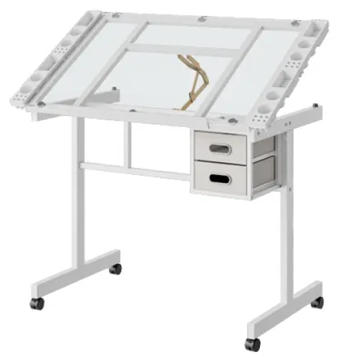 Image de Table de dessin avec 2 tiroirs et 4 roulettes, table de dessin réglable, plateau de table de dessin blanc