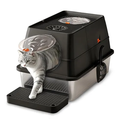 Produktbild von Katzentoilette XXL Edelstahl Katzenklo mit Deckel, Pedals & Schaufel, Große Metallkatzentoilette geschlossene für große Katzen (1-Tlg)