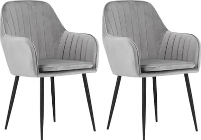 Image de lot de 2 chaises rembourrées Chaise de salle à manger Chaise de salon rembourrée, 2x gris argenté avec pieds noirs