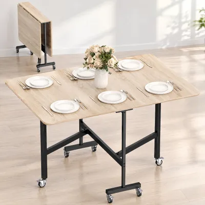 Produktbild von Klapptisch mit Rollen und Bremsen, ausklappbarer Esstisch, Spanplatte Stahl, Eiche Schwarz | 120 x 80 x 73 cm | klappbar auf 26 cm | für 6 Personen