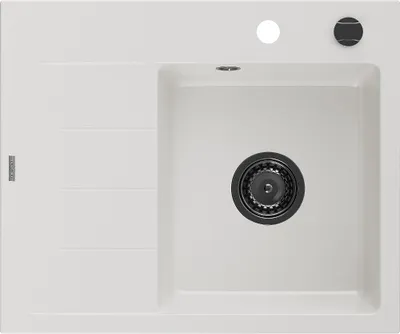 Immagine prodotto di Mexen Ben lavello in granito a 1 vasca con sgocciolatoio, destro 600 x 500 mm, bianco, sifone nero - 6523605000-20-B
