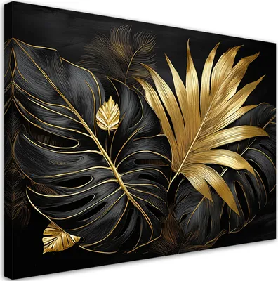 Produktbild von Leinwandbild Schwarz und Gold Monstera-Blätter 120x80 Feeby Schwarz bild für die wand bereit zum aufhängen