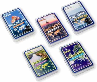 Produktbild von Wendels Kartenspiele 5er-Set: Berge Flüsse Städte und Länder Trumpf Quartett Spiele | Kleine Geschenke für Kinder & Familie