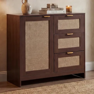 Produktbild von Kommode HWC-P50, Schrank Sideboard Highboard, Schubladen Staufach, MDF Melamin Leinenfront  Walnuss-Optik