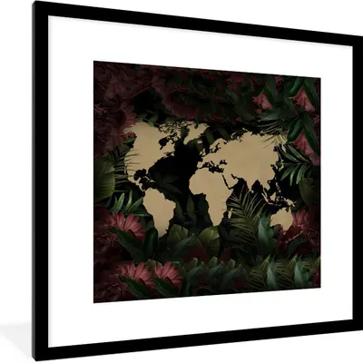 Produktbild von MuchoWow® MuchoWow® Gerahmtes Poster Weltkarte - Blumen - Rosa 40x40 cm - Poster mit zchwarzem Bilderrahmen - Poster - Plakat im Rahmen