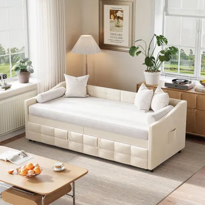 Produktbild von Schlafsofa  90x200,Tagesbett  90x200,mit Lattenrost,Einzelbett,Jugendbett, Samt Stoff,Beige