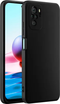 A black silicone phone case for a Xiaomi Redmi Note 10 / 10s is shown from a diagonal angle, highlighting its camera module cutout and side buttons. The phone's screen is visible in the background, displaying a colorful abstract wallpaper.
