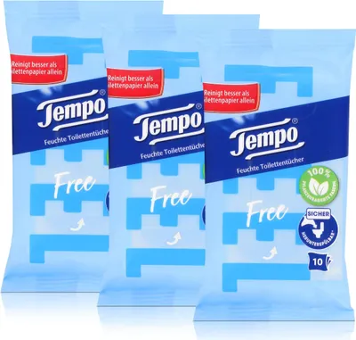 Produktbild von 3x Tempo Feuchte Toilettentücher sanft & pflegend Travelpack, mit Kamille 10er
