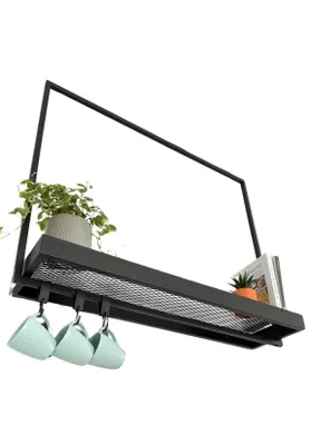 Produktbild von Hängeregal Decke 104x27 cm Schwarz – Küchenregal mit Haken & Ablage im Industrie-Stil – Metallregal Loft  Hängeregal  Deckenregal