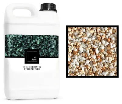 Produktbild von Mr. Epoxy Steinteppich für Außen & Innen Komplettset (25kg Kies + 1,3kg Bindemittel) - UV-Stabil & Geruchsneutral - Buntsteinputz mit Versiegelung als Bodenbelag (Bianco e Corallo)