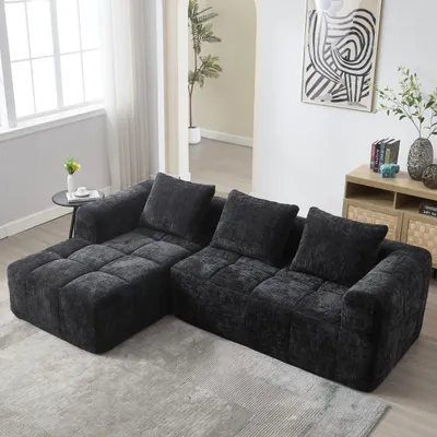 Produktbild von Modernes Sektionssofa, L-Sofa, 3-Sitzer-Sofa, keine Installation erforderlich, Chenille-Sofa mit Chaiselongue und Armlehnen, 3 Kissen, Seitentasche für Fernbedienung, Schwarz