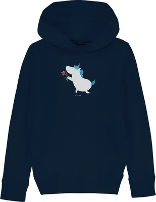 Produktbild von Mr. & Mrs. Panda Organic Kinder Hoodie Einhorn Blume 5-6 Jahre (110/116) - French Navy - Geschenk, Sweater, Freund, Sweatshirt, Liebe, Partner, Einhörner, Unicorn, Ehe