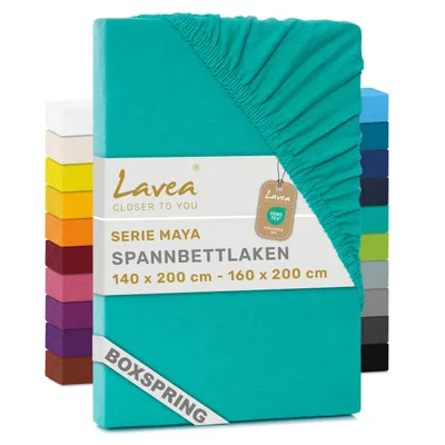 Produktbild von Lavea® Spannbettlaken 140-160x200 cm - Boxspringbett, Jersey, 40 cm Steghöhe, 100% Baumwolle, weich, atmungsaktiv, pflegeleicht, formstabil - Türkis