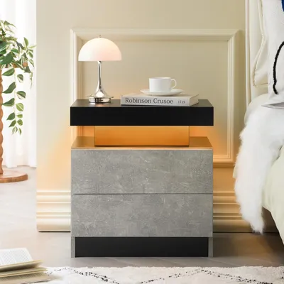 Immagine prodotto di Tavolino da notte Ropilly con illuminazione a LED, colore grigio, dotato di 2 cassetti, dimensioni 50 x 53 x 36 cm, ideale per camera da letto e soggiorno