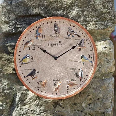 A round clock with bird illustrations is mounted on a stone pillar.