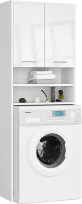 A white washing machine cabinet with shelves and doors, standing in front of a white background.