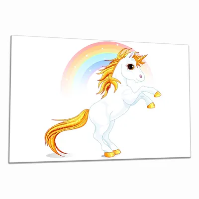 Produktbild von Wallario Herdabdeckplatte aus Glas, Größe 80 x 52 cm 1-teilig, Motiv Weißes Einhorn vor einem Regenbogen