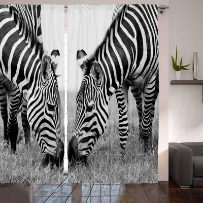 Produktbild von ARANDE Tier Gardine, Zebras afrikanischer Tier Burchell Safari Thema Nationalpark Monochrom Bild Druck, 280 x 225 cm, Weiß Schwarz