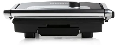 A side view of a closed contact grill on a white background.