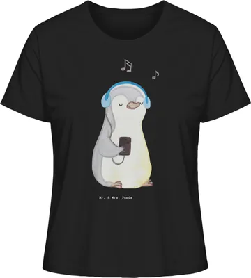 Produktbild von Mr. & Mrs. Panda Basic Shirt Damen Pinguin Musik hören Größe S - Schwarz - Geschenk, T-Shirt, Oberteil, Lieblingssong, Damenshirt