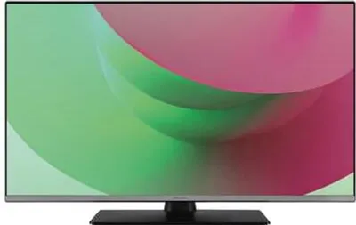 A flat-screen television with a colorful abstract image displayed on its screen, placed on a stand.