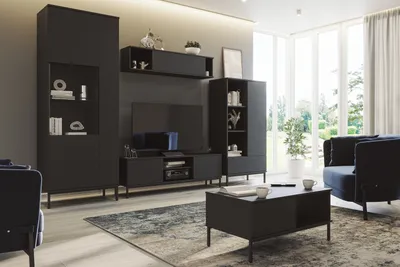 Produktbild von Wohnzimmer-Set Dallas II mit zwei Vitrinen, TV-Schrank, Couchtisch, Wohnzimmermöbel im modernen Stil (Farbe: Schwarz)
