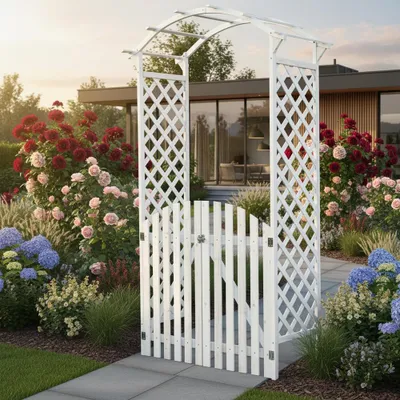 Immagine prodotto di Arco di rose Mucola con cancello pergola rampicante aiuto cancello arco traliccio in legno struttura rampicante pergola colonna rose giardino arco - bianco