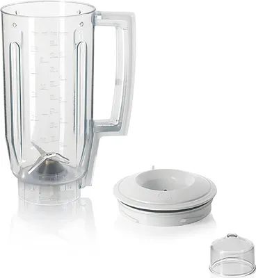 A blender jug, lid, and small cap are displayed on a white background.