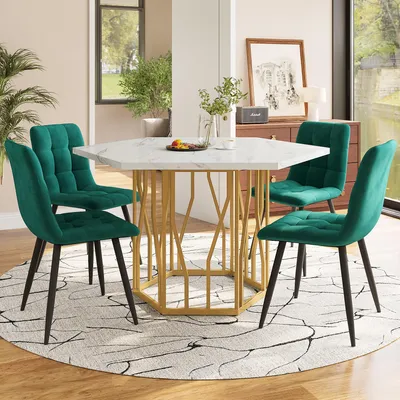 Productafbeelding van Sweiko Eettafel- en stoelset (5-delig), moderne hexagonale marmeren eettafel + 4 eetkamerstoelen van groen fluweel, om een warme en moderne sfeer te creëren, met gouden tafelpoten