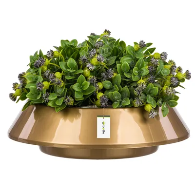 A decorative plant pot with artificial greenery and flowers, presented on a white background.