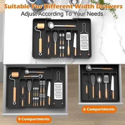 Imagen del producto de Unyqoos® Organizador ajustable para cajones de cubiertos, de 33 a 57 cm, con 8 compartimentos, fabricado en PP libre de BPA, con esquinas antideslizantes: solución flexible para guardar cubiertos y utensilios de cocina