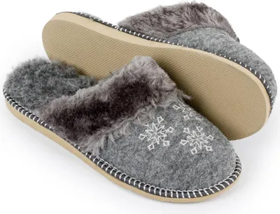 Produktbild von Damen Filz-Hausschuhe warm gefüttert, Pantoffeln mit Schneeflocken-Stickerei und Fellbesatz, Grau Gr.41