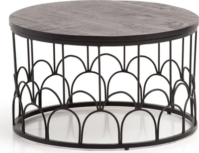 Produktbild von Couchtisch 60x60x36 cm Mango Massivholz / Metall Schwarz Sofatisch Rund, Design Wohnzimmertisch Industrial, Kaffeetisch Wohnzimmer Massiv mit Metallgestell